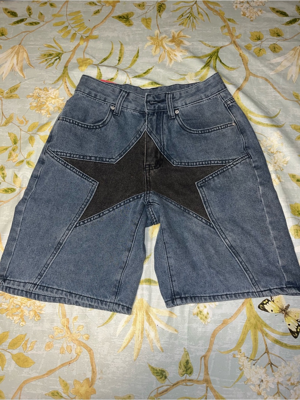 Blue Denim Shorts with Black Star Panel